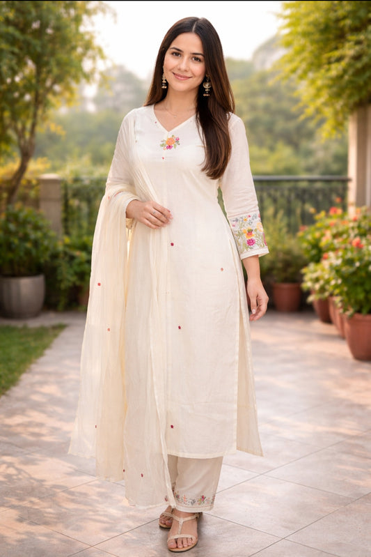 Urmi fashion Elegant Off-White Floral Kurta Set with Dupatta 🌼