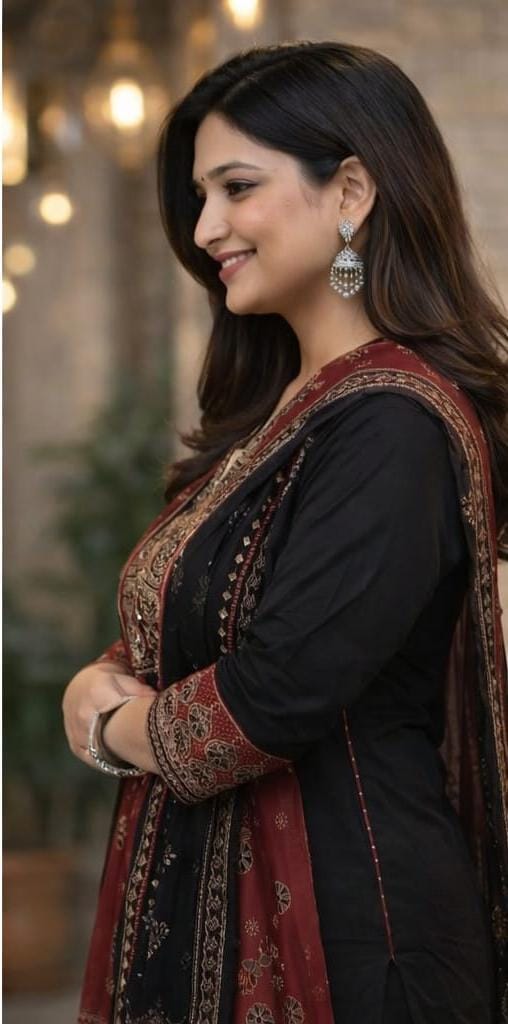 Urmi fashion Elegant Black & Maroon Embroidered Kurta Set with Dupatta