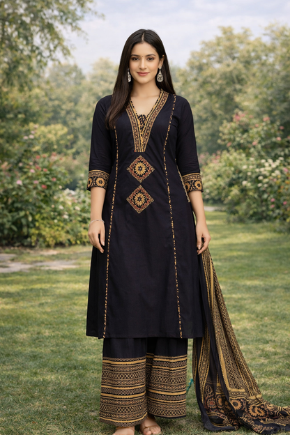Urmi fashion Elegant Black Embroidered Kurta Set with Dupatta