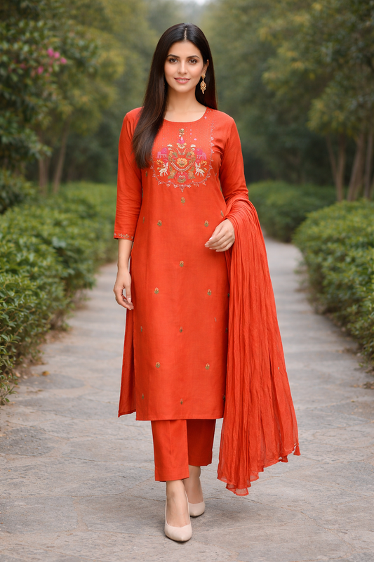 Urmi fashion Elegant Burnt Orange Embroidered Kurta Set with Dupatta