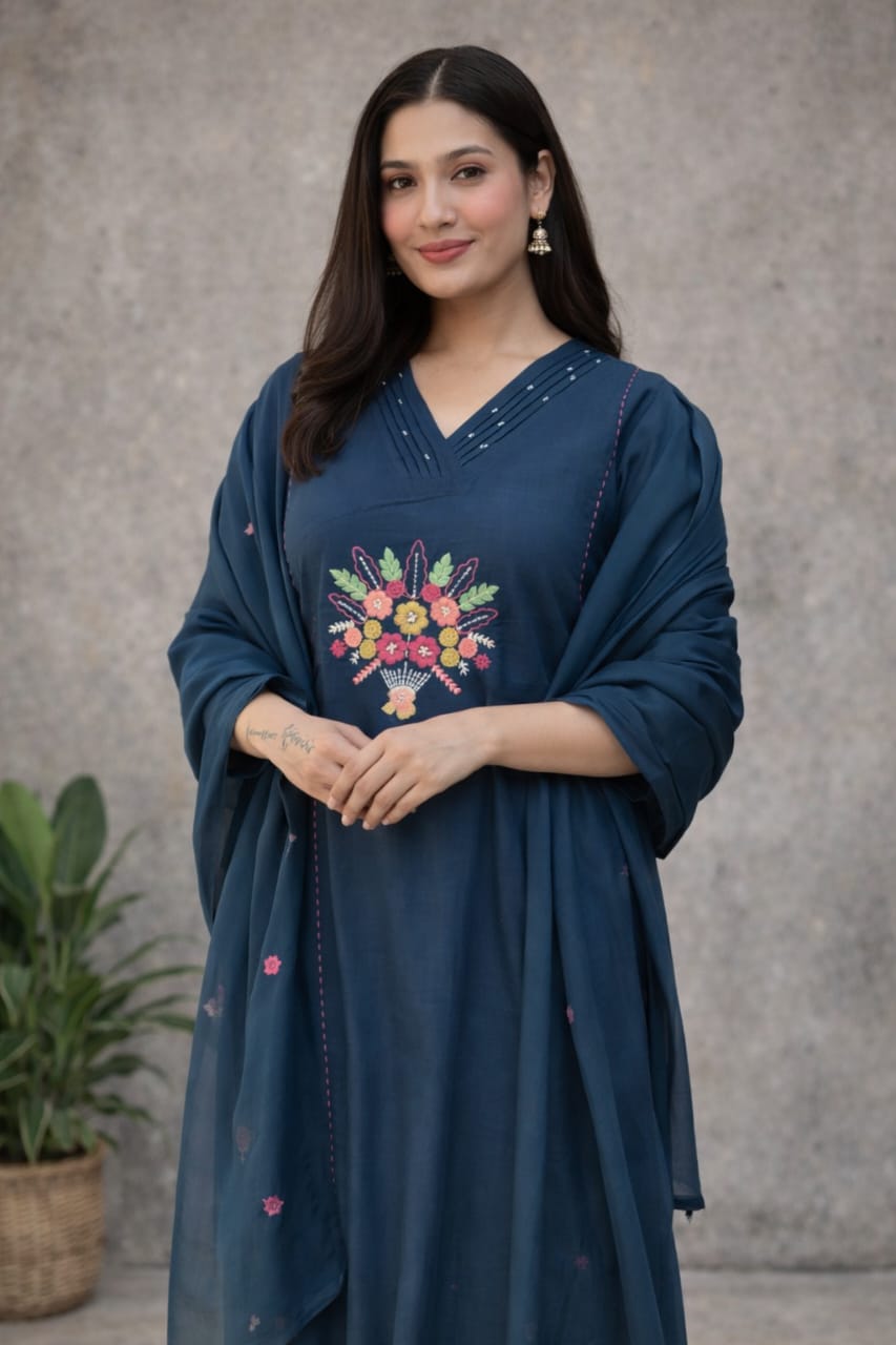 Urmi fashion Deep Teal Floral Embroidered Cotton Kurta Set with Dupatta
