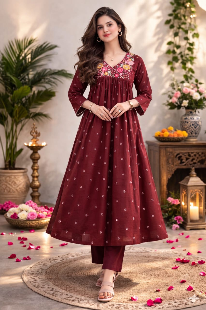 Urmi fashion Elegant Maroon Floral Embroidered Anarkali Kurta Set