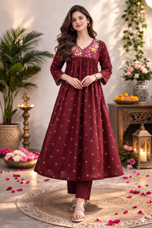 Urmi fashion Elegant Maroon Floral Embroidered Anarkali Kurta Set
