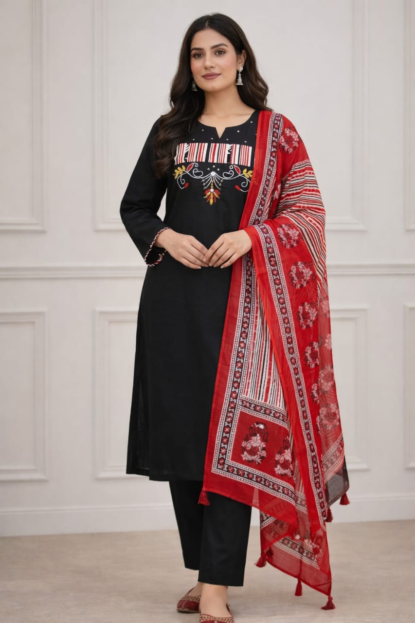 Urmi fashion Elegant Black Kurta Set with Red Printed Dupatta