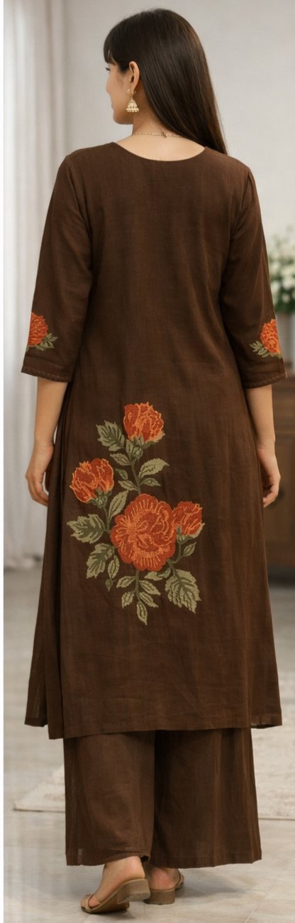 Urmi fashion Elegant Brown Floral Embroidered Kurta Set – Side Look Edition