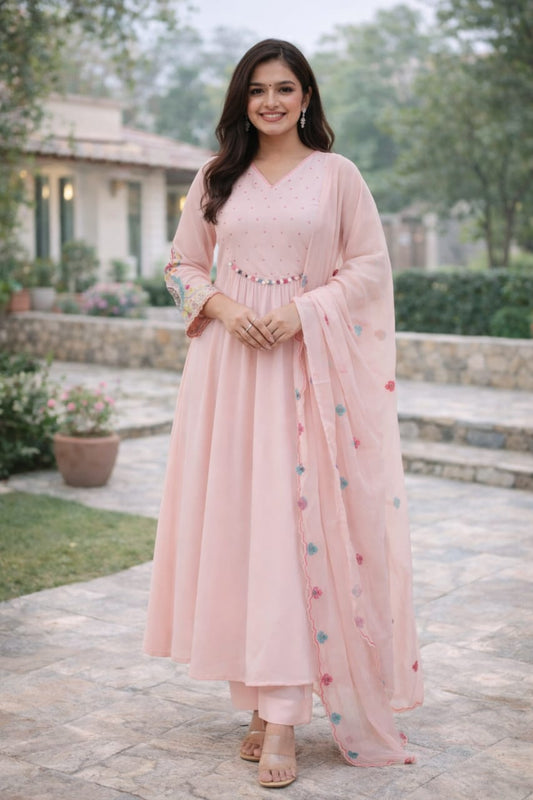 Urmi fashion Elegant Blush Pink Anarkali Kurta Set with Embroidered Dupatta