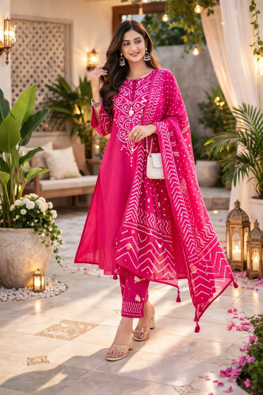 Urmi fashion Elegant Pink Embroidered Kurta Set with Sanganeri Print Dupatta
