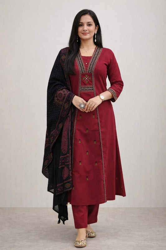 Urmi fashion Elegant Maroon & Black Embroidered Kurta Set with Dupatta