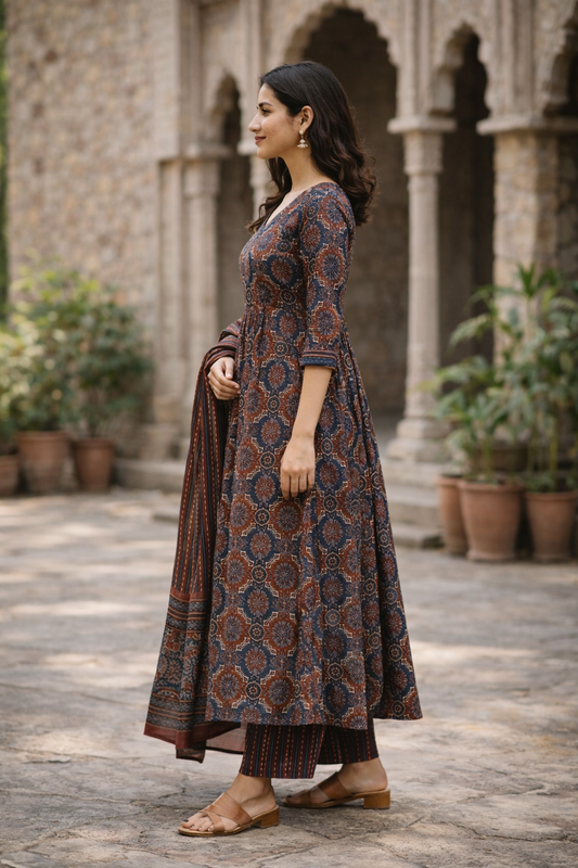 Urmi Fashion Ajrakh Print Pure Cotton Anarkali Kurti Set | Aaliya Cut Style with Dupatta & Pant