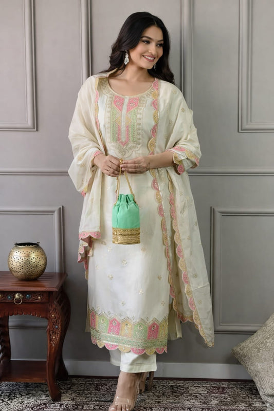 Urmi fashion ✨️Elegant Ivory Embroidered Straight Kurta Set with Dupatta
