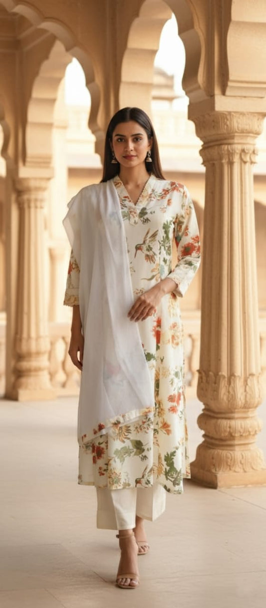 Urmi fashion Elegant Off-White Floral Printed Kurta Set with Dupatta🤍