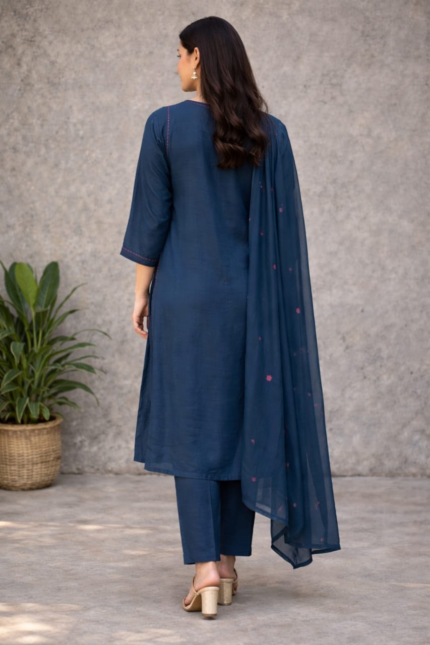 Urmi fashion Deep Teal Floral Embroidered Cotton Kurta Set with Dupatta